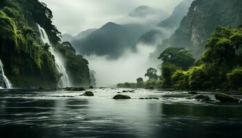 majestueus berg piek, vloeiende water, rustig tafereel, groen Woud gegenereerd door ai foto