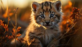 schattig jong Bengalen tijger staren, schuilplaats in met gras begroeid Woud gegenereerd door ai foto