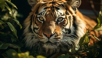 majestueus Bengalen tijger, woest en mooi, schuilplaats in groen Woud gegenereerd door ai foto