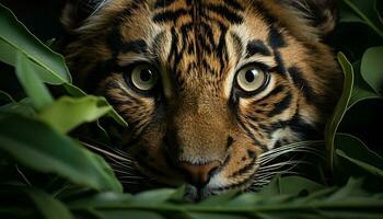 dichtbij omhoog portret van een schattig gestreept Bengalen tijger staren gegenereerd door ai foto