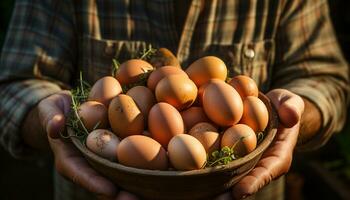 een boer hand- houdt vers biologisch eieren, vieren natuur gegenereerd door ai foto