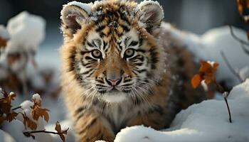 dichtbij omhoog portret van een schattig Bengalen tijger in besneeuwd Woud gegenereerd door ai foto