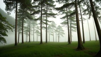 hoog bomen binnen de Timberland binnen de bergen beveiligd met mist. ai gegenereerd foto