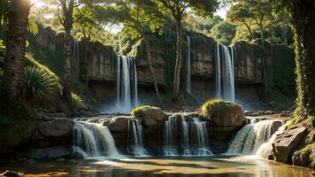 charmant waterval nemen uit maken. verf een tafereel van een beveiligd waterval in een onmiskenbaar wild. ai gegenereerd foto