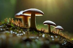 bijeenkomst wild champignons Aan een groot schaal naar leren over de ingewikkeld verbindingen in de Woud systeem.. creatief hulpbron, ai gegenereerd foto