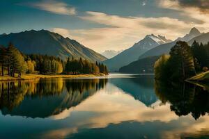 tonen een kalmte meer of meer reflecterend de hemelsheid van de voorbijgaan jaar en de versheid van de verschijnen dag een. ai gegenereerd foto