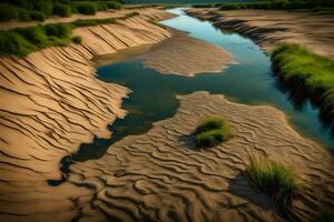 een afbeelding tonen een detailopname van een oever van de rivier dat heeft geweest beschadigd door erosie. de afbeelding demonstreert hoe erosie effecten de organismen leven in de water.. creatief hulpbron, ai gegenereerd foto