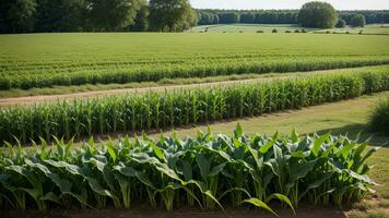 groen kolommen van gemaakt maïs Aan een privaat agrarisch veld. ai gegenereerd foto