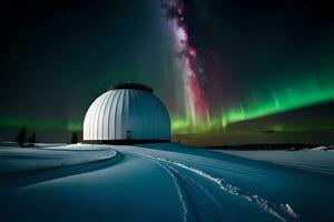 plan een observatorium met telescopen wees Bij de nacht lucht, vastleggen de betovering van de noordelijk lichten. ai gegenereerd foto