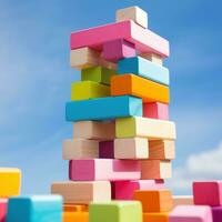 kleurrijk blokken gestapeld hoog in een toren foto