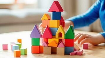 een kind handen gebouw een gemakkelijk huis met kleurrijk plastic blokken foto
