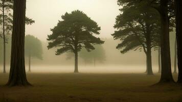 hoog bomen binnenkant de Timberland binnenkant de bergen beveiligd met onduidelijkheid. ai gegenereerd foto