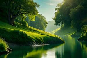 een kalmte stroom teder kronkelend door een overdadig groen tafereel met overhangend bomen. ai gegenereerd foto
