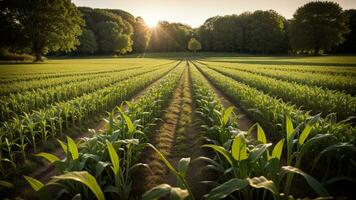 groen kolommen van gemaakt maïs Aan een privaat agrarisch veld. ai gegenereerd foto