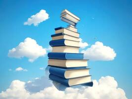 abstract boek stack met Aan lucht met wolken achtergrond. gaan Aan een reusachtig stack van boeken. ai gegenereerd foto