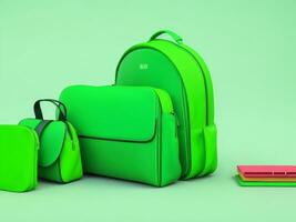 terug naar school, school- accessoires met school- zak Aan groen achtergrond met kopiëren ruimte. klaar voor school- concept. 3d weergave, 3d illustratie. ai gegenereerd foto
