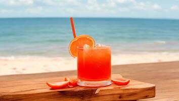 aperol Aan top van een houten tafel in voorkant van de strand. ai gegenereerd foto