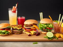 groep van vers zomer cocktails en hamburger Bij houten bord geïsoleerd Bij zwart achtergrond. ai gegenereerd foto