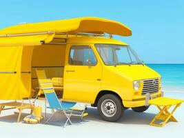 klaar voor zomer reizen. geel busje met dek stoel en strand accessoire, 3d weergave, 3d illustratie. ai gegenereerd foto