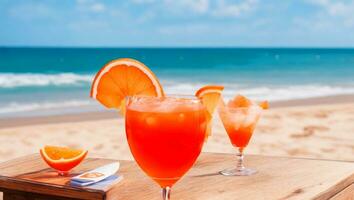 aperol Aan top van een houten tafel in voorkant van de strand. ai gegenereerd foto