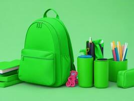 terug naar school, school- accessoires met school- zak Aan groen achtergrond met kopiëren ruimte. klaar voor school- concept. 3d weergave, 3d illustratie. ai gegenereerd foto