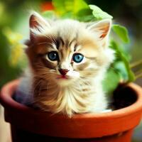 katje zit in een bloem pot, pot in de tuin, schattig katje, huiselijk kat, schattig kat behang. ai gegenereerd foto