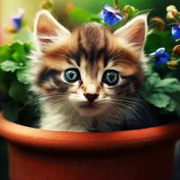 katje zit in een bloem pot, pot in de tuin, schattig katje, huiselijk kat, schattig kat behang. ai gegenereerd foto