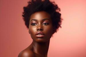 schoonheid portret van jong Afrikaanse Amerikaans vrouw Aan roze achtergrond ai gegenereerd foto