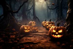 halloween achtergrond met eng pompoenen in donker Woud ai gegenereerd foto