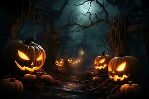 halloween achtergrond met eng pompoenen in donker Woud ai gegenereerd foto