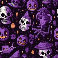 halloween naadloos patroon met pompoenen en schedels ai gegenereerd foto