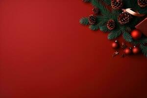 Kerstmis achtergrond met Spar takken, kegels en geschenk doos Aan rood achtergrond ai gegenereerd foto