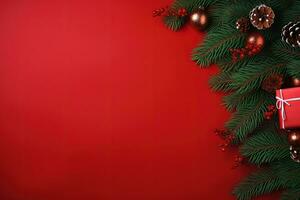 Kerstmis achtergrond met Spar takken, kegels en geschenk doos Aan rood achtergrond ai gegenereerd foto