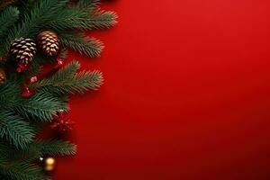 Kerstmis achtergrond met Spar takken, kegels en geschenk doos Aan rood achtergrond ai gegenereerd foto