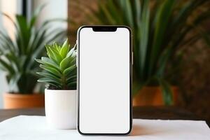 smartphone mockup met blanco scherm en sappig fabriek Aan houten tafel ai gegenereerd foto