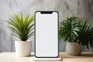 smartphone mockup met blanco scherm en sappig fabriek Aan houten tafel ai gegenereerd foto