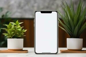 smartphone mockup met blanco scherm en sappig fabriek Aan houten tafel ai gegenereerd foto