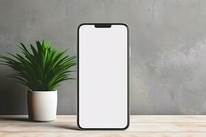 smartphone mockup met blanco scherm en sappig fabriek Aan houten tafel ai gegenereerd foto