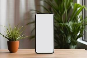 smartphone mockup met blanco scherm en sappig fabriek Aan houten tafel ai gegenereerd foto