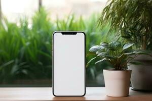 smartphone mockup met blanco scherm en sappig fabriek Aan houten tafel ai gegenereerd foto