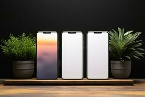 smartphone mockup met blanco scherm en sappig fabriek Aan houten tafel ai gegenereerd foto