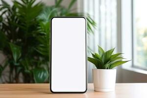 smartphone mockup met blanco scherm en sappig fabriek Aan houten tafel ai gegenereerd foto