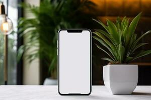 smartphone mockup met blanco scherm en sappig fabriek Aan houten tafel ai gegenereerd foto