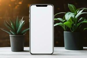 smartphone mockup met blanco scherm en sappig fabriek Aan houten tafel ai gegenereerd foto