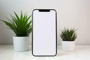 smartphone mockup met blanco scherm en sappig fabriek Aan houten tafel ai gegenereerd foto