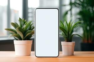 smartphone mockup met blanco scherm en sappig fabriek Aan houten tafel ai gegenereerd foto