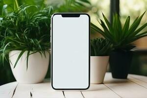 smartphone mockup met blanco scherm en sappig fabriek Aan houten tafel ai gegenereerd foto