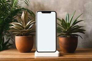 smartphone mockup met blanco scherm en sappig fabriek Aan houten tafel ai gegenereerd foto