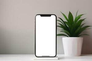 smartphone mockup met blanco scherm en sappig fabriek Aan houten tafel ai gegenereerd foto