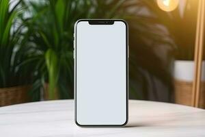 smartphone mockup met blanco scherm en sappig fabriek Aan houten tafel ai gegenereerd foto